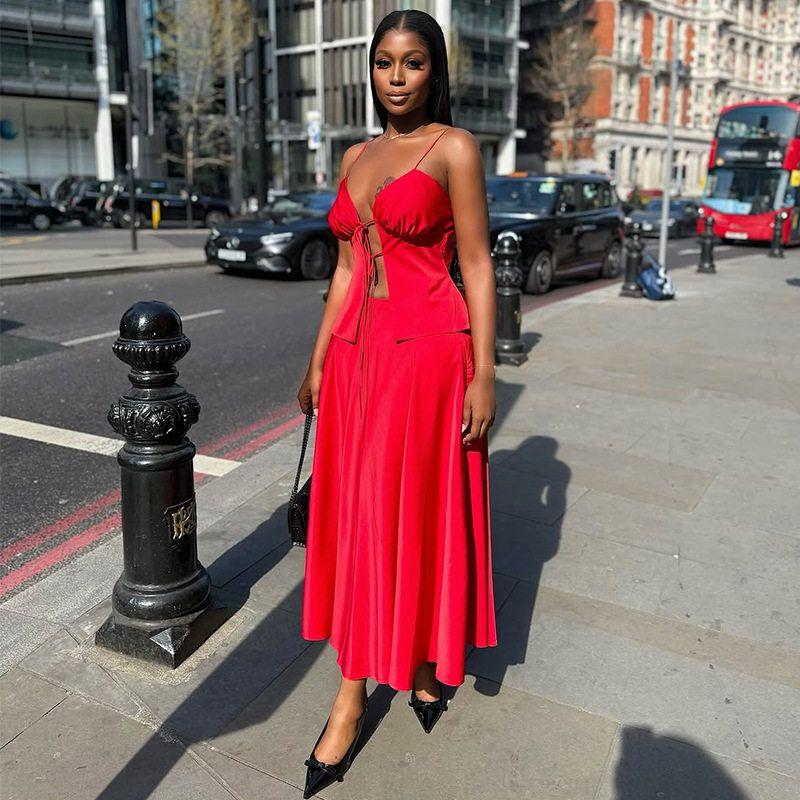 Two Piece Dress Sexy Party Dress Red Long Maix Wedding Dress Red S