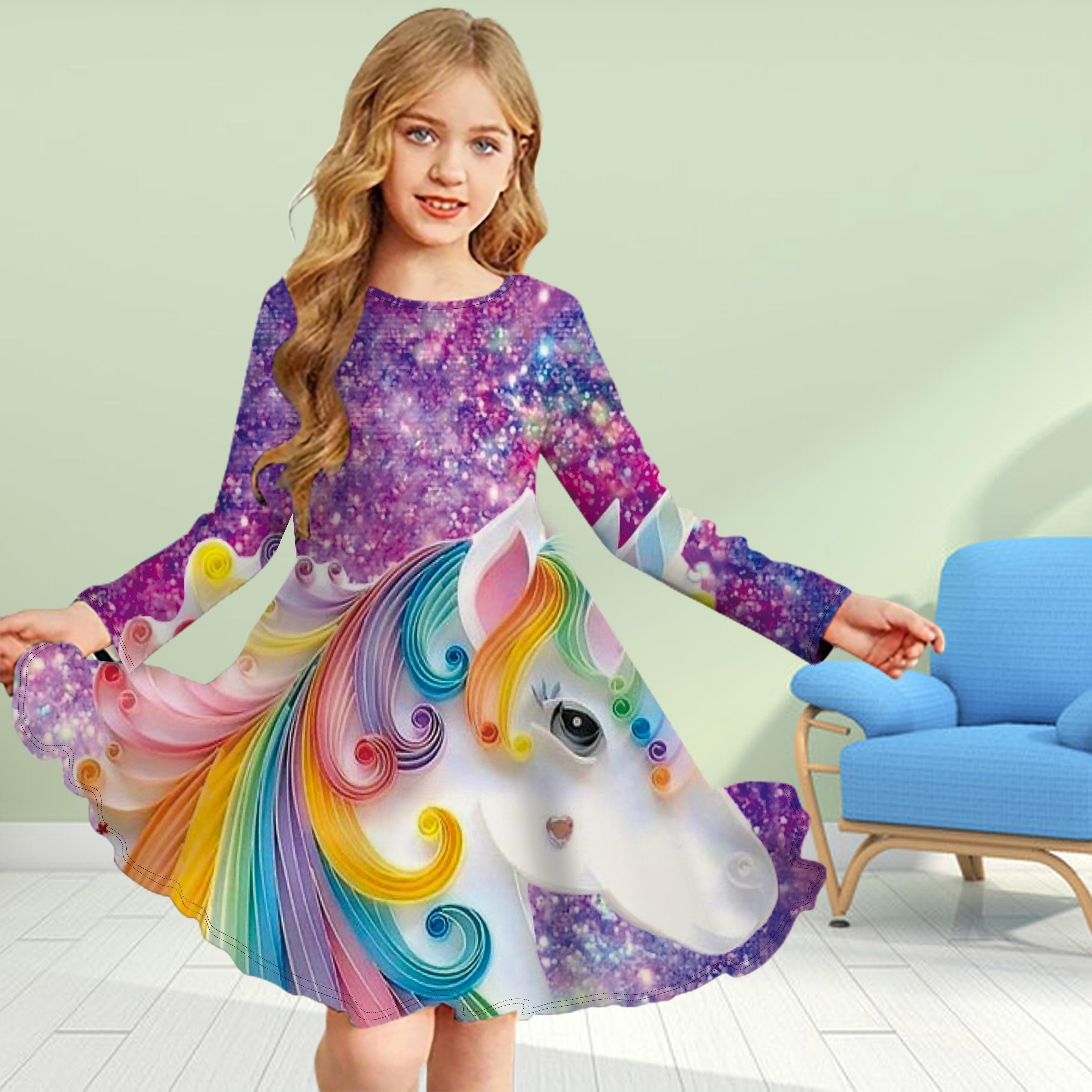 

Повсякденна сукня з 3D-принтом для дівчинки з круглим вирізом і довгими рукавами, дитяча сукня принцеси 130 фіолетовий