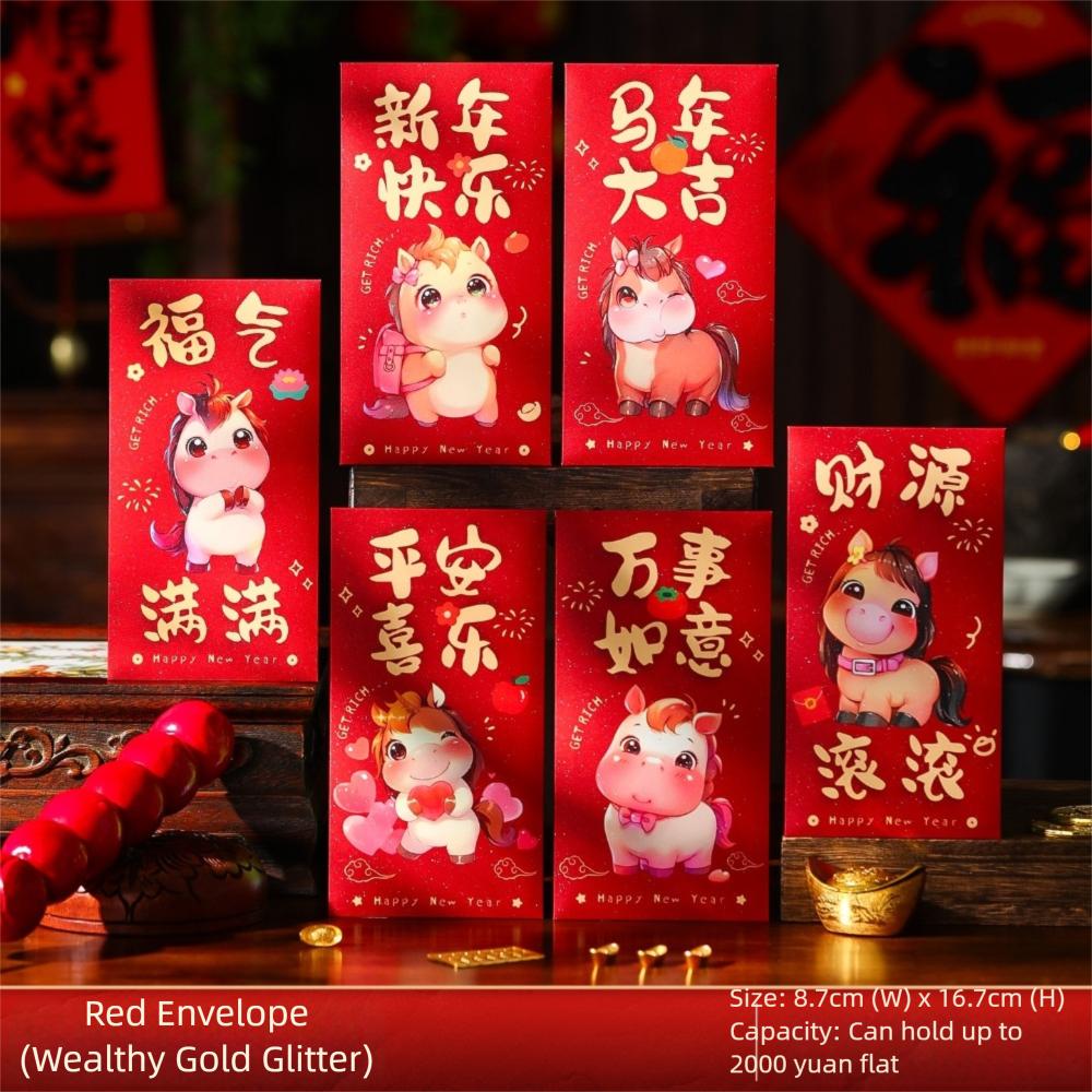 6PCS/12PCS New Horse Zodiac Red Envelopes Cartoon Red Color Lucky Money Pouches Creative Zodiac Envelopes Spring Festival