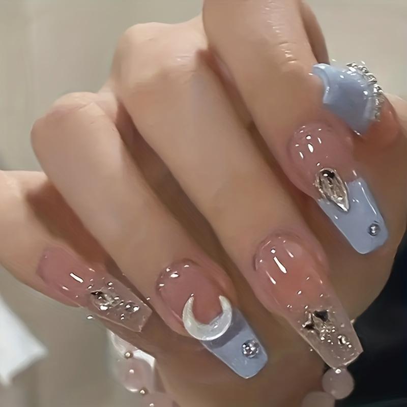 24 Pcs Glossy Nude Pink Heart Press On Nails with Water Drop Rhinestones - Medium Length Valentine's Day False Nails for Women and Girls