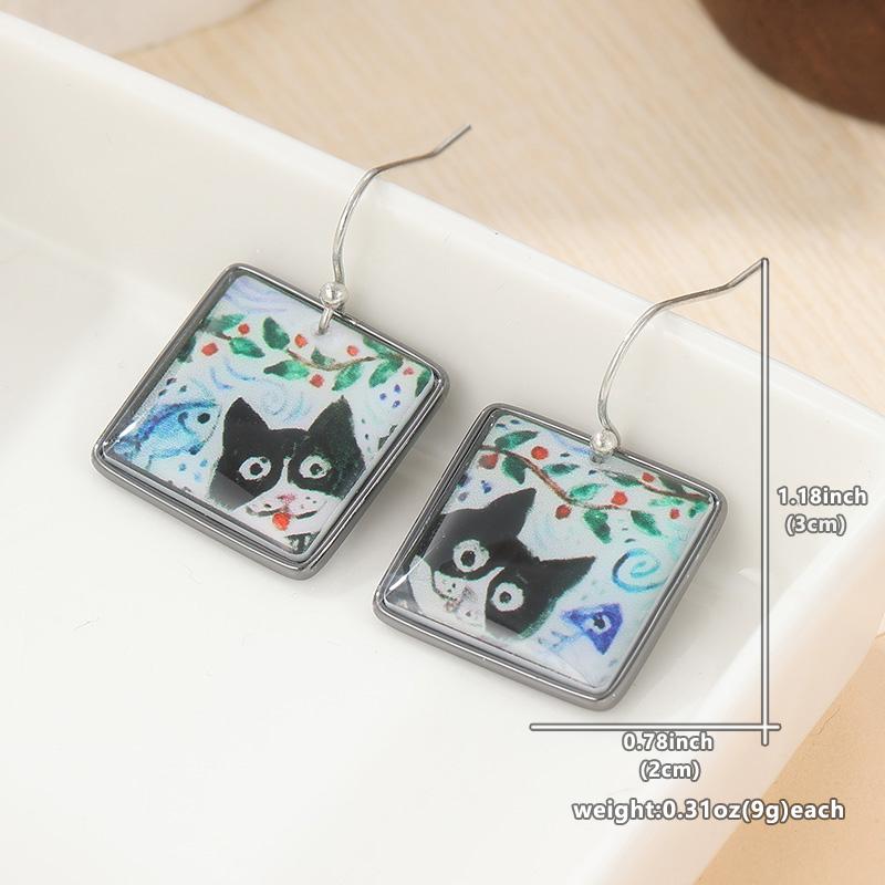 Cute Cat Enamel Square Dangle Drop Earrings For Women Simple Lovely Animal Earrings Daily Casual Commute Jewelry Idea Gifts
