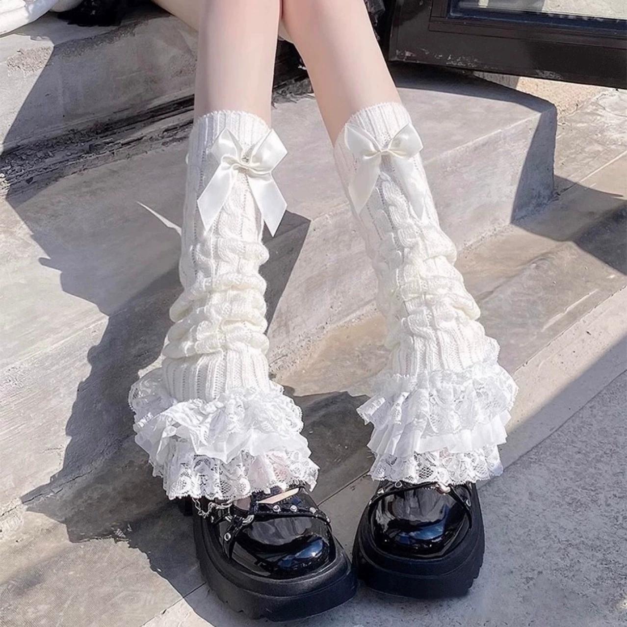 

Японские женские вязаные гетры с бантом, многоярусные носки с оборками, кружевные носки в стиле Лолиты для девочек, Т-образные кружевные гетры для ног для женщин One size белый