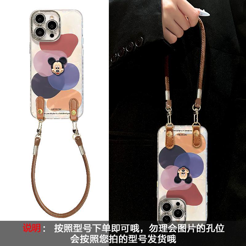 Color block Mickey doll lanyard suitable for Apple 16 cute mobile phone case 13promax cartoon 15 all-inclusive anti-drop 17