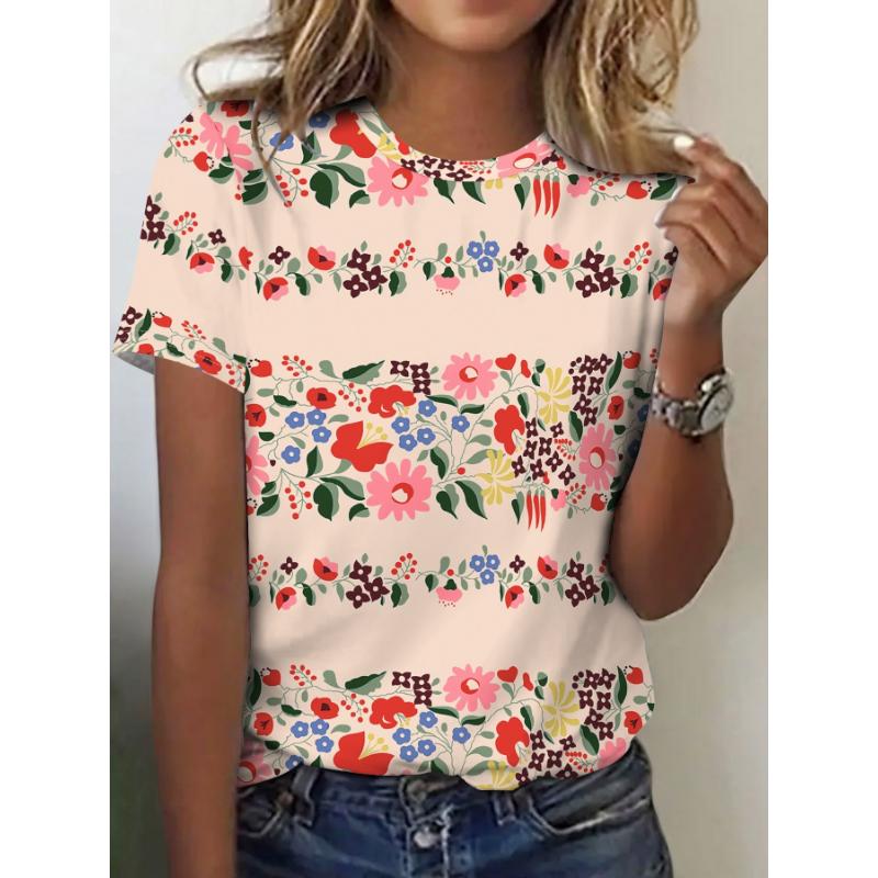 Summer New Round Neck Loose Short Sleeve Retro Casual T-shirt Women's 3D Casual Color Printing