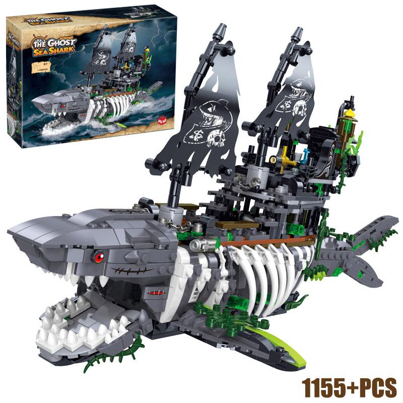 Creative MOC 1155PCS Shark Skeleton Pirate Ship Model Micro Building Blocks Bricks Set Ghost Pirate Boat Kits Toys For Kids Gift