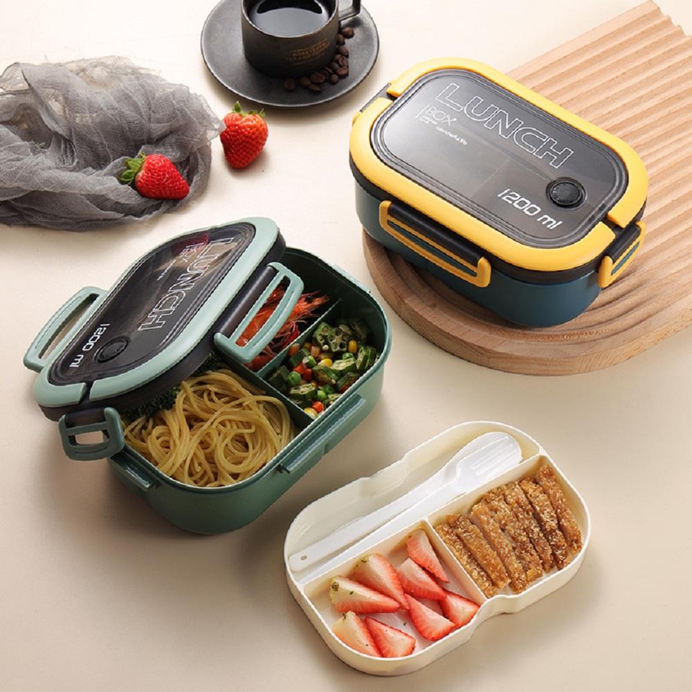 

Plastic Oval Compartment Lunch Box with Multiple Layers with Fork Spoon with Handle Buckle Seal Student Office Worker Lunch 2