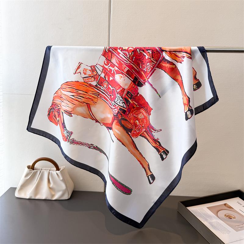 Luxury Horse Lightweight Faux Silk Printed 70cm Small Square Scarf Shawl Neck Scarf High-End Fashion Neck Head Wrap Scarf