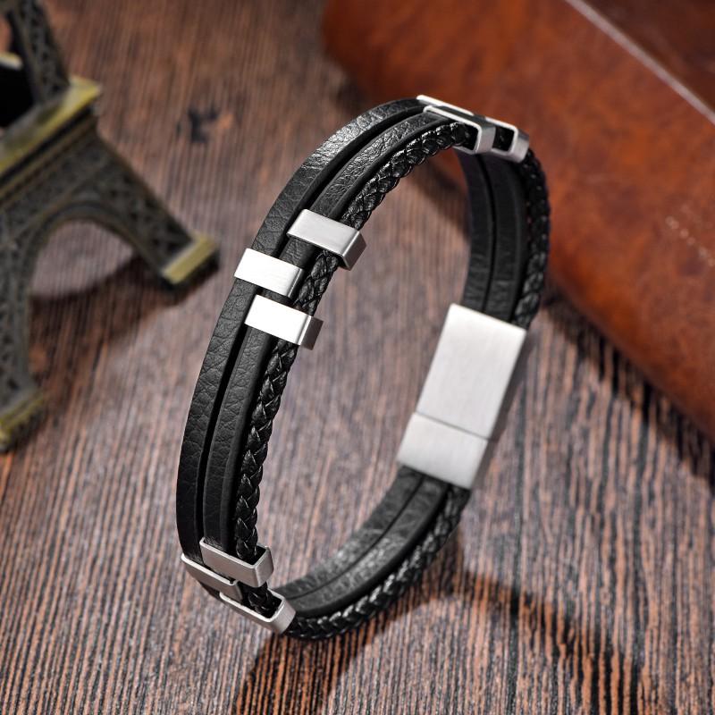 Mens Geometric Stainless Steel Braided Leather Bracelet Handmade Adjustable Cycling Accessory