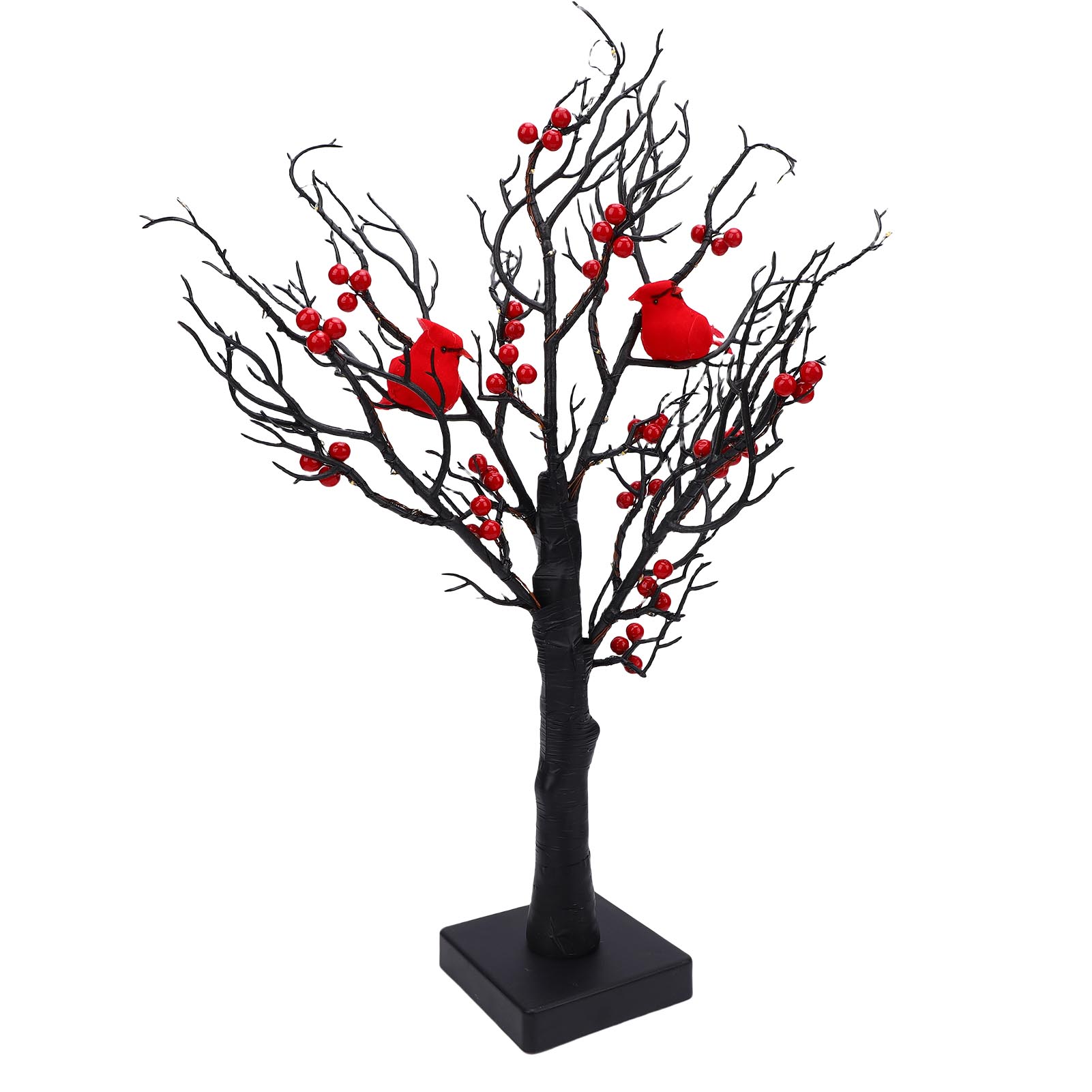 

Рождественская искусственная елка со светодиодными огнями, работающая от батареек, настольная центральная композиция, лампа-елка с кнопкой включения/выключения, 60 лампочек, красные птички, ягоды
