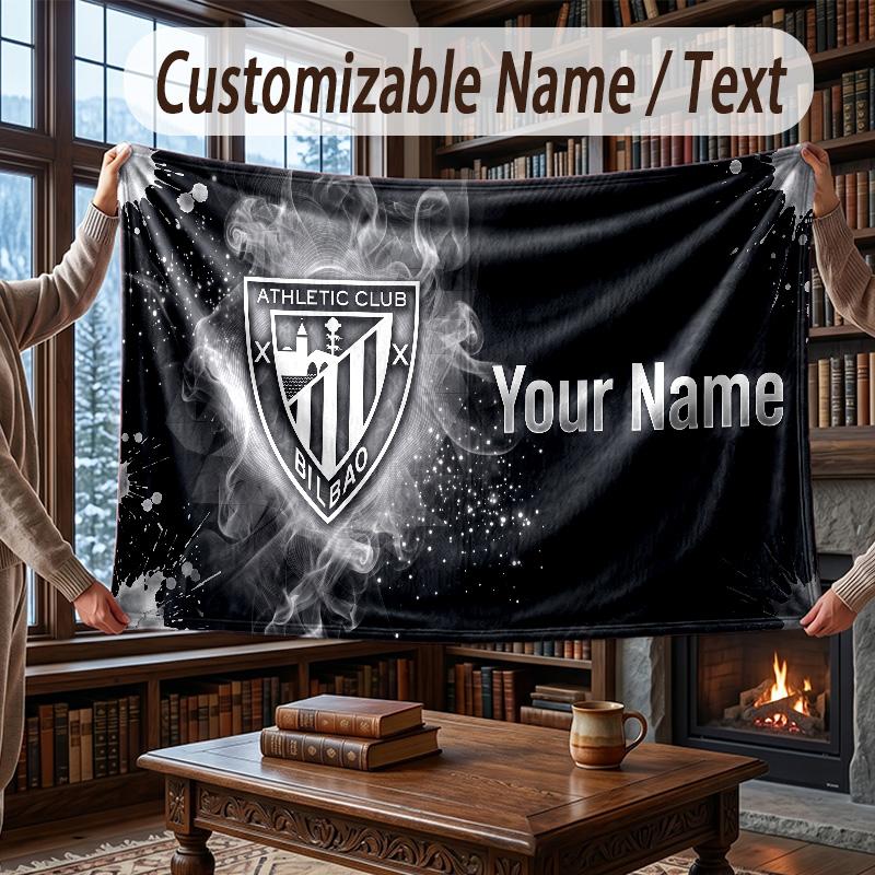 Custom Name Flannel Throw Blanket Athletic Bilbao FC Pattern Warm Home Decoration