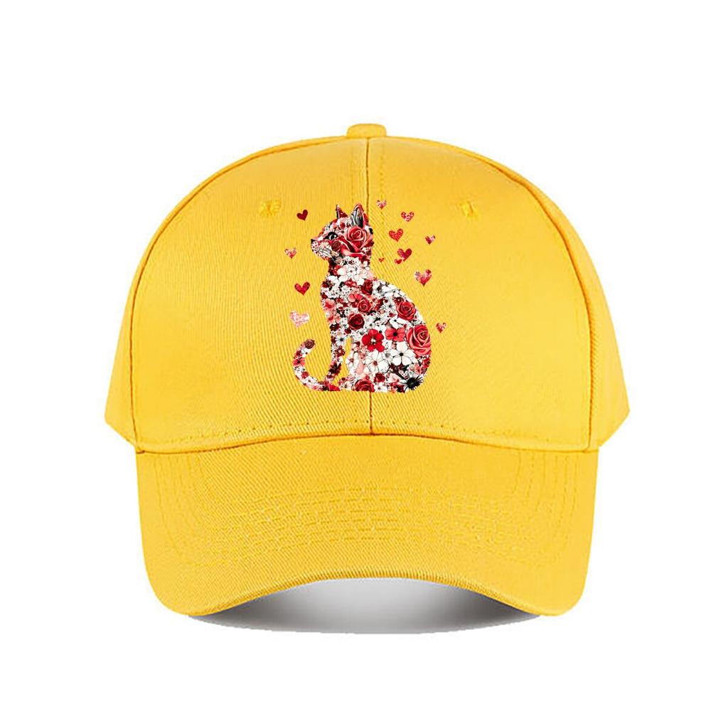 Floral Rose Cat With Hearts Wall Decor Baseball Cap Fashion Unisex Sunhat Womens Outdoor Sports