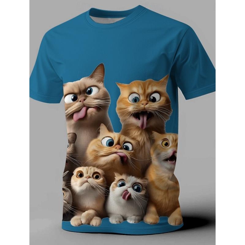 Summer Round Neck 3D Cat Print Top Fashionable Casual Short Sleeved Men's T-shirts