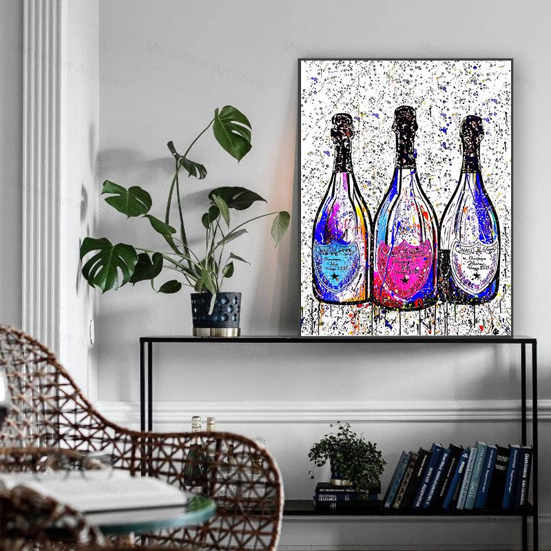Colorful Champagne Bottle Canvas Painting Modern Graffiti Pop Art Posters and Print Wall Cuadros for Living Room Home Decor