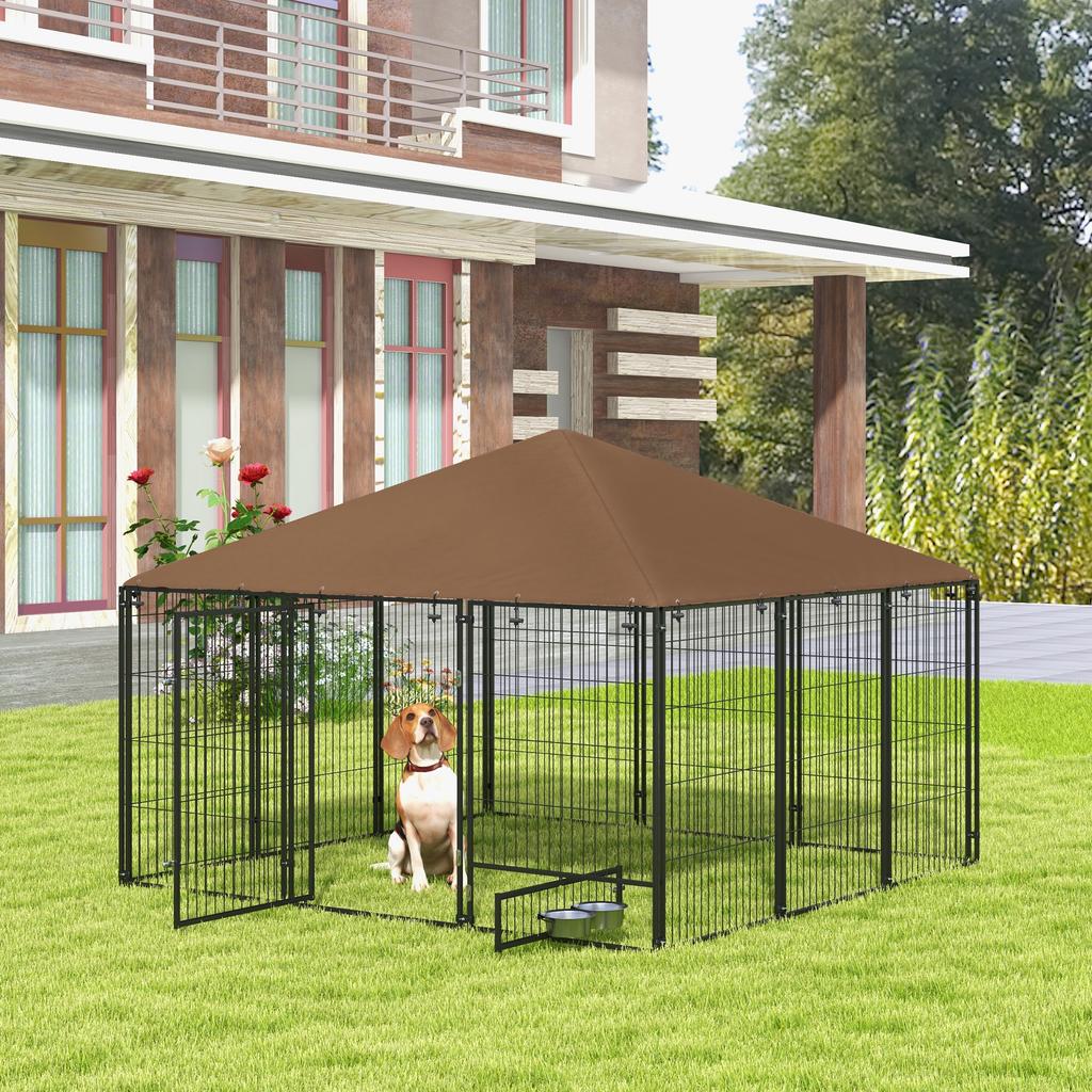 Metal and Oxford Fabric Dog Playpen with Bowl Door, 211x211x151 cm, Black and Brown