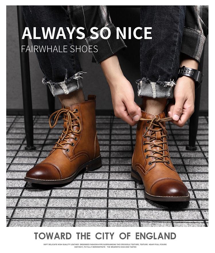 Men's Korean Style Retro Leather High-Top Martin Boots - Autumn Plus Velvet, Large Size, Work and Cotton Options Available.