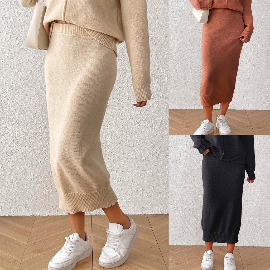 Women's casual commuter hip skirt European and American women's clothing solid color casual skirt woven medium and long sweater skirt
