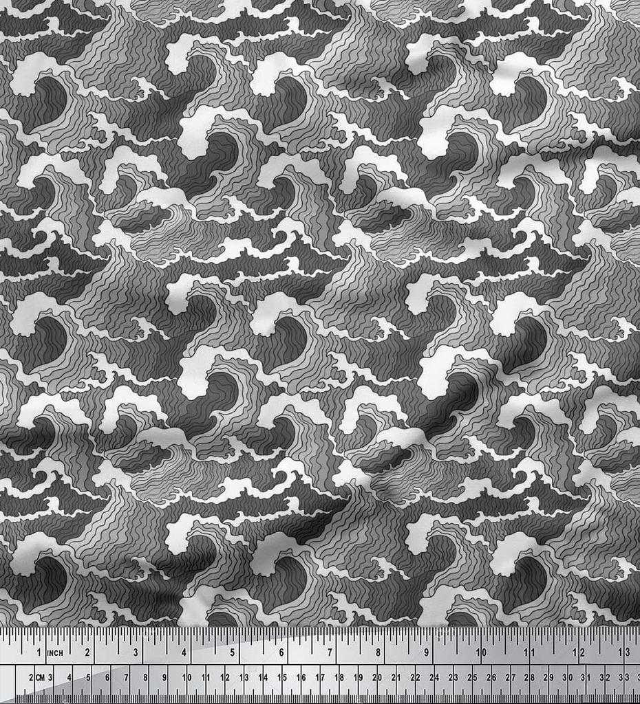 Soimoi Japan Crepe Satin Fabric Waves Shirting Decor Fabric Printed Metre 42 Inch