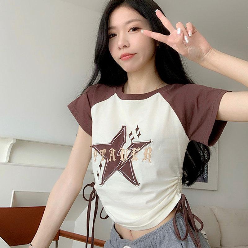 

Women s Summer Retro Star Raglan T-Shirt - Sweet & Spicy Lace-Up Short Sleeve Top S [for under 80 jin]