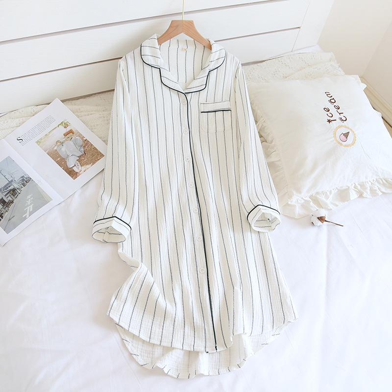 

Spring Summer Night Dress Women s Long-sleeved Nightgown Cotton Mid-length Striped Shirt Night Dress with Button Sleepwear Women Home Nightdress XL