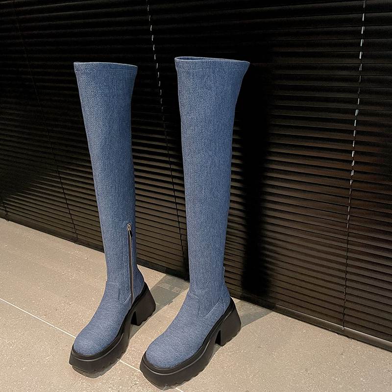 Krazing Pot Skórzane buty wiosenne i zimowe z grubego dna, antypoślizgowe, platformy, damskie, wsuwane, wysokie buty do ud