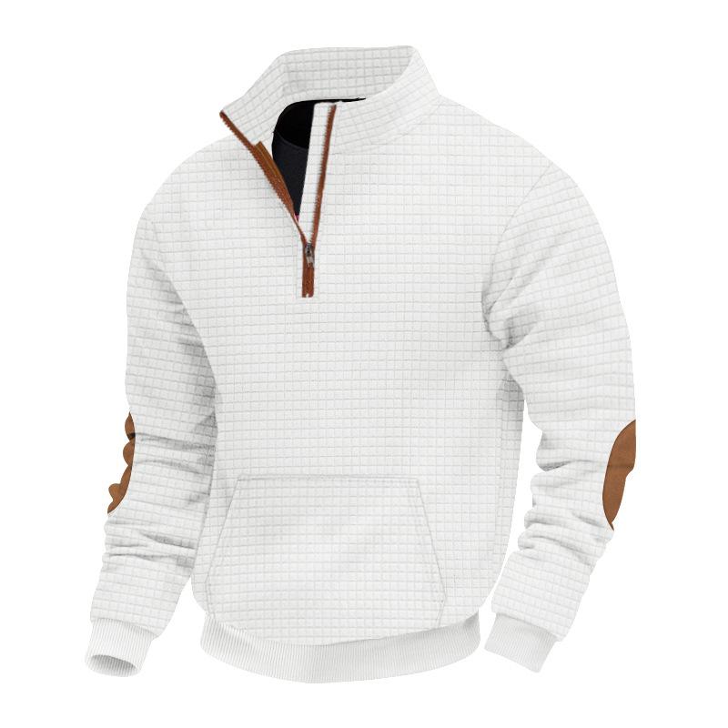 Fashionable Men's Casual Sweatshirt with Jacquard Small Check Embroidered Patchwork Stand Collar Loose-Fit Top