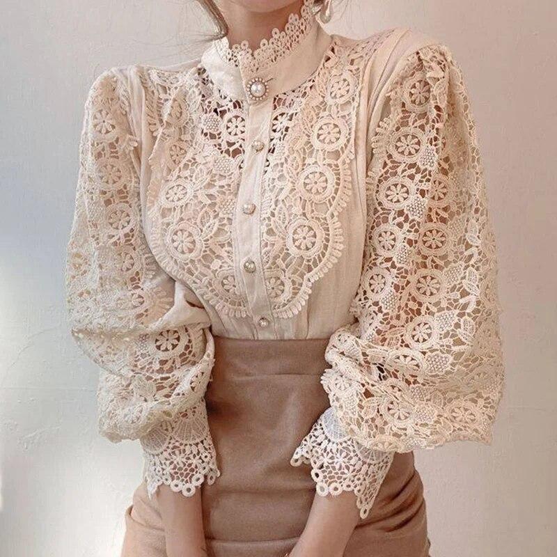 Spring Summer White Lace Ladies Shirt Button Loose Blouse Top