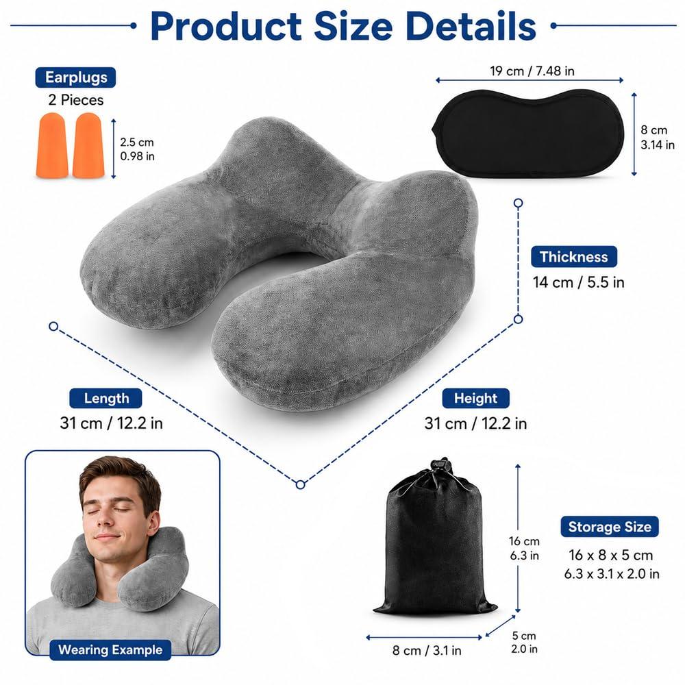 Inflatable Travel Neck Pillow Quick Inflation Portable Soft Velvet for Airplane Travel Commuting and Long-Haul Trips