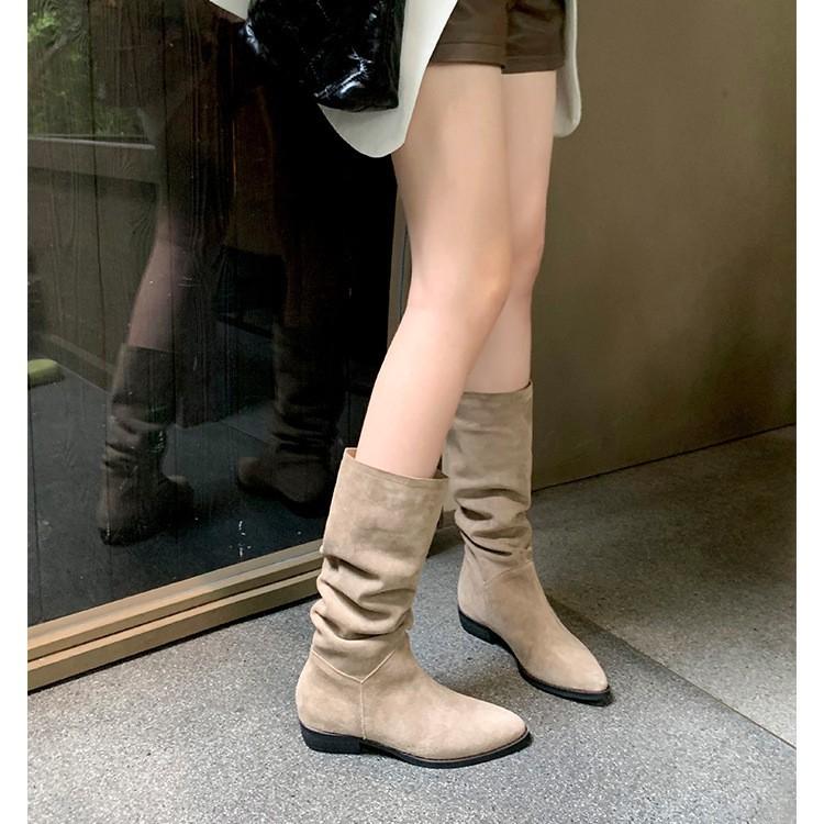 Grape Mother Same Retro Small Pointed Head Versatile Thick Heel Western Cowboy Boots Medium Tube Thin Pile Boots Women's Autumn and Winter