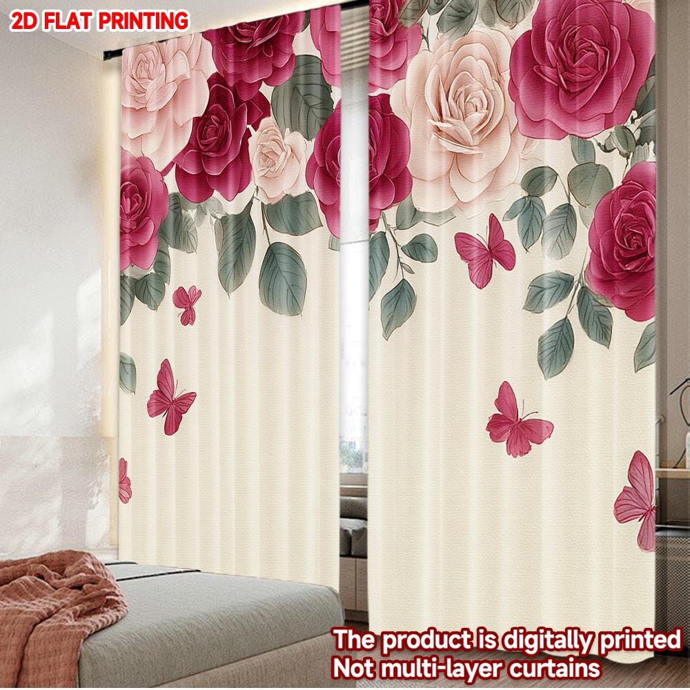

2D flat printing 2pcs Party Curtain Blossoming Roses and Butterflies Digital Printed Polyester Drapes Holiday Decorations for 100*130 HOOK 1pcs