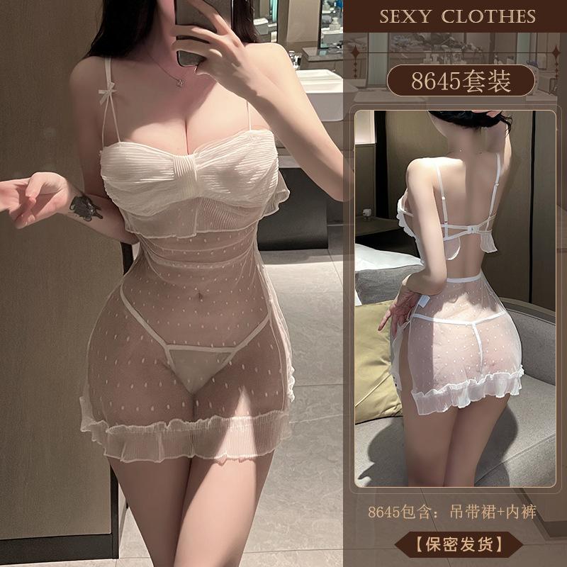 Erotic Underwear, sexy strappy nightdress, Hot and slightly dotted thin see-through seductive uniform, no-take pajamas 8645