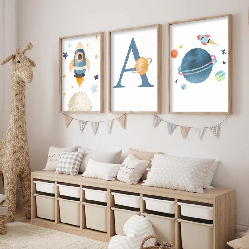 Rocket Astronaut Planet Outer Space Baby Name Custom Wall Art Canvas Painting Nordic Cartoon Prints Posters for Kids Room Decor