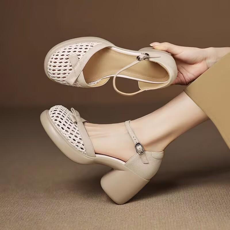 

2025 лето новый однословный ремешок сумка голова женские сандалии популярный толстый каблук женская обувь универсальный нишевый 40 абрикосовый