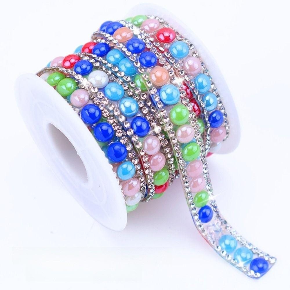 

3 Yards Shiny Self Adhesive Crystal Strip Colorful Pearl Chain Bling Rhinestone Strip Bag Decor Multicolor-6mm