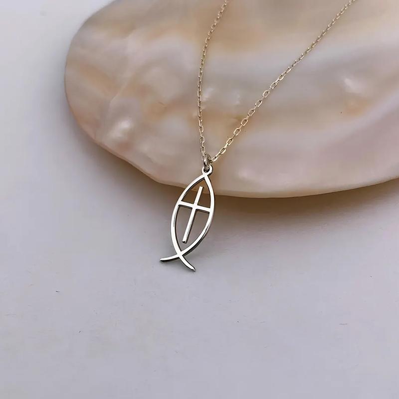 14K Gold Plated Jesus Fish Cross Necklace Stainless Steel Ichthys Necklace For Women Christian Faith Jewelry