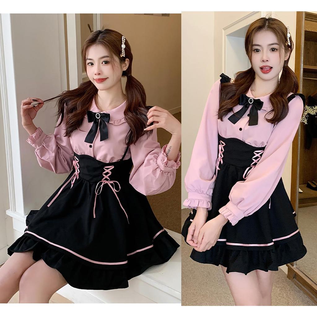 Suspender and This Mini Dress Features a Bow and a Long or Short Sleeve Top and Perfect for a Mori Girl This Dress Features a Ribbon and Is Perfect