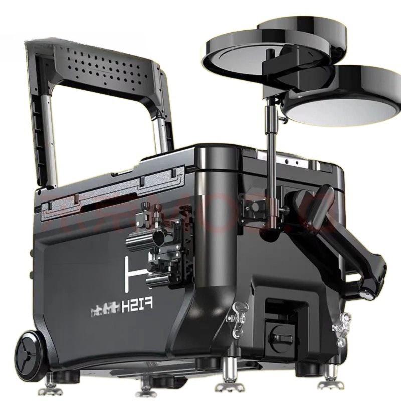 Fishing Kit: Includes Rods, Box with Sleeve, Chair, Umbrella, Platform, Sea Rods, Hooks, and Line.