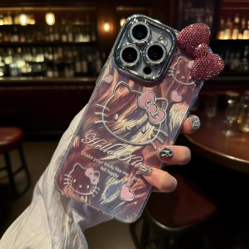 Gradient Cartoon Hello Kitty Case with 3D Bow Ears for Apple 17 Pro Max/15 Pro/13/XS/16E