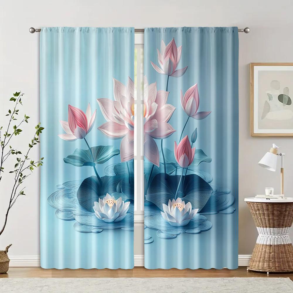 2pcs   Print Curtains 2D print light blue lotus Polyester (without rod) All Seasons for Bedroom   Living Room