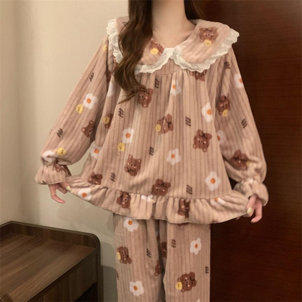 Autumn and Winter Coral Fleece Pajamas for Women, Thick and Warm Flannel Long Home Wear, Fashionable Plus Size Cardigan Set