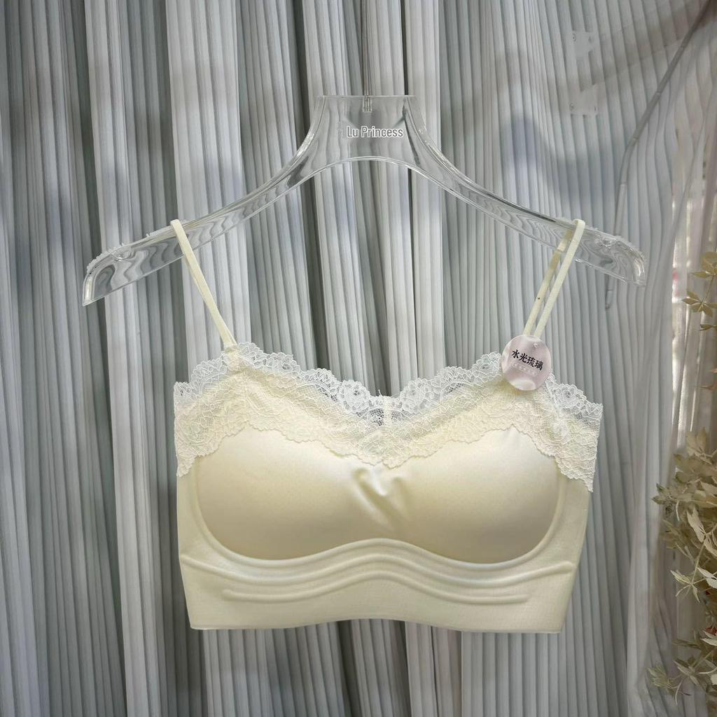 French Pearlescent Lace Camisole: Luxurious Satin Backless Top with Fixed Cup