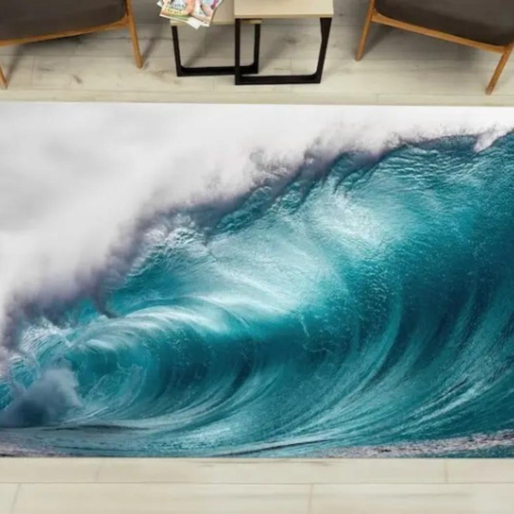

3D Ocean Wave Print Rug, Blue Landscape Chenille Doormat for Home Decor Gift, Soft Thin Mat 40x60cm