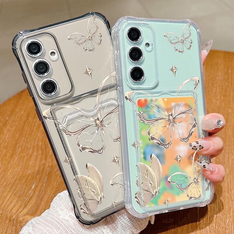 Gold Butterfly Print Card Bag Wallet Case For Samsung Galaxy S25 S24 S22 Ultra S23 S24 FE A56 A55 A35 A15 A16 5G TPU Phone Cover