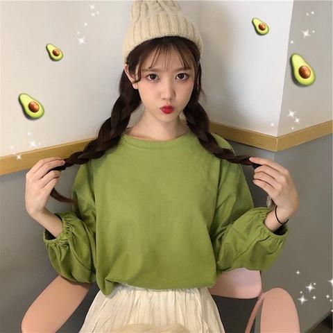 

Women s new autumn Korean version loose pullover student lantern sleeve long sleeve T-shirt women s solid color bottoming shirt tide 2XL зелений