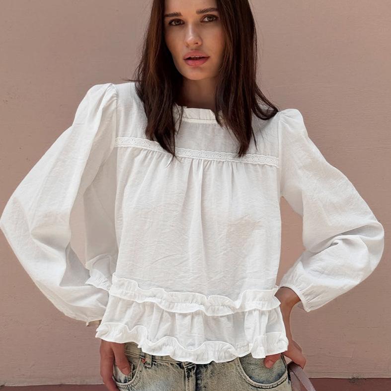 1116 spring and summer new European and American pure cotton shirt women's design sense round neck wooden ear edge bubble sleeve pleated top