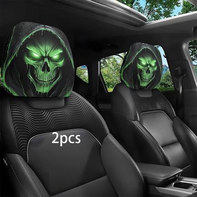 2 Pcs Hooded Grim Reaper Headrest Covers, Green Glowing Skull Design, 2D Printed Elastic Universal Car Headrest Protector
