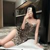 Erotic underwear, sexy deep V couple flirting home skirt, wild leopard print lace suspender nightdress, one piece.