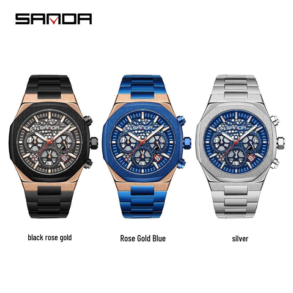 Sanda Men's Skeleton Steel Band Wristwatch with Six-Hand Calendar - Stylish & Waterproof