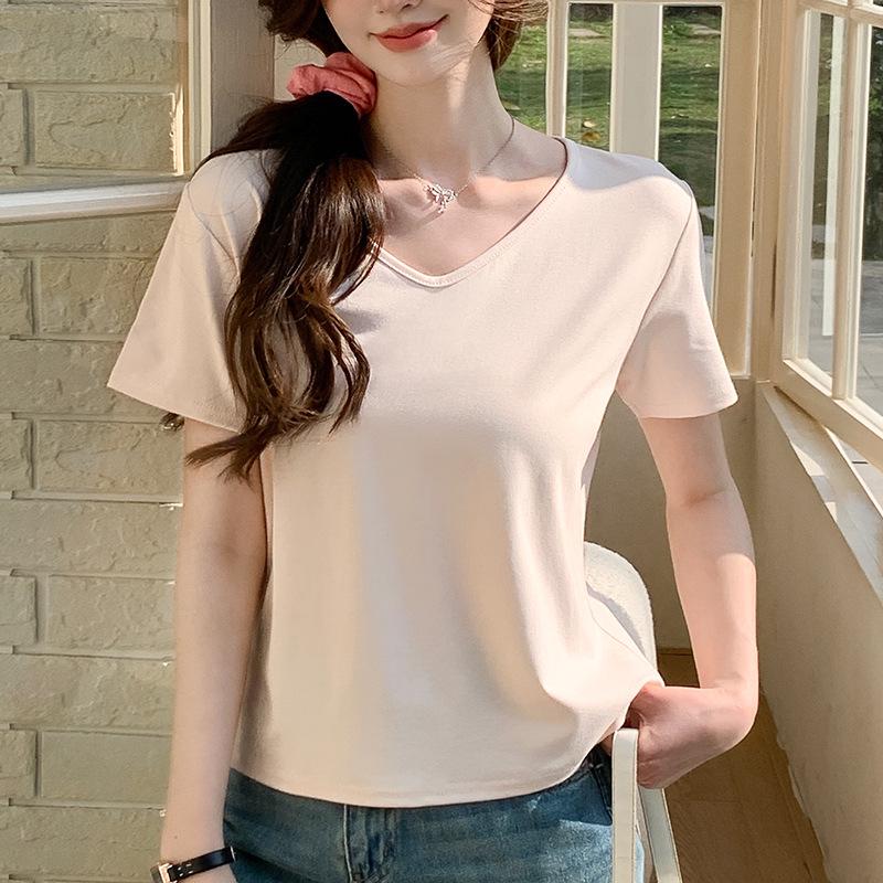 Women's V-Neck Casual Summer T-Shirt: Slimming, Versatile, Trendy, Short Sleeve, Solid Color