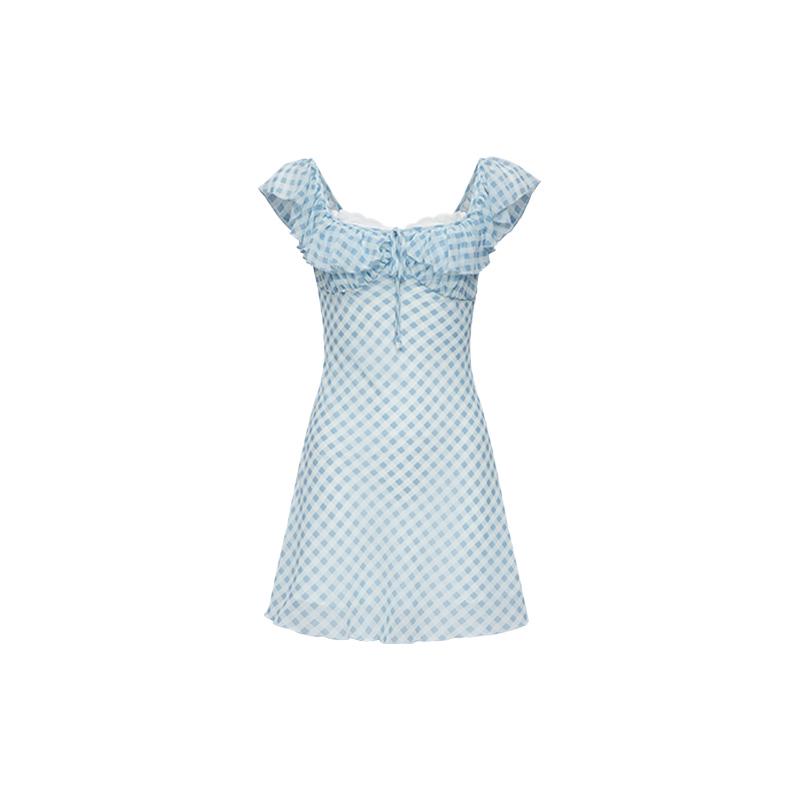

Retro French Plaid Ruffle Dress - Blue Patchwork, Waist-Cinching Summer Short Skirt Small синій