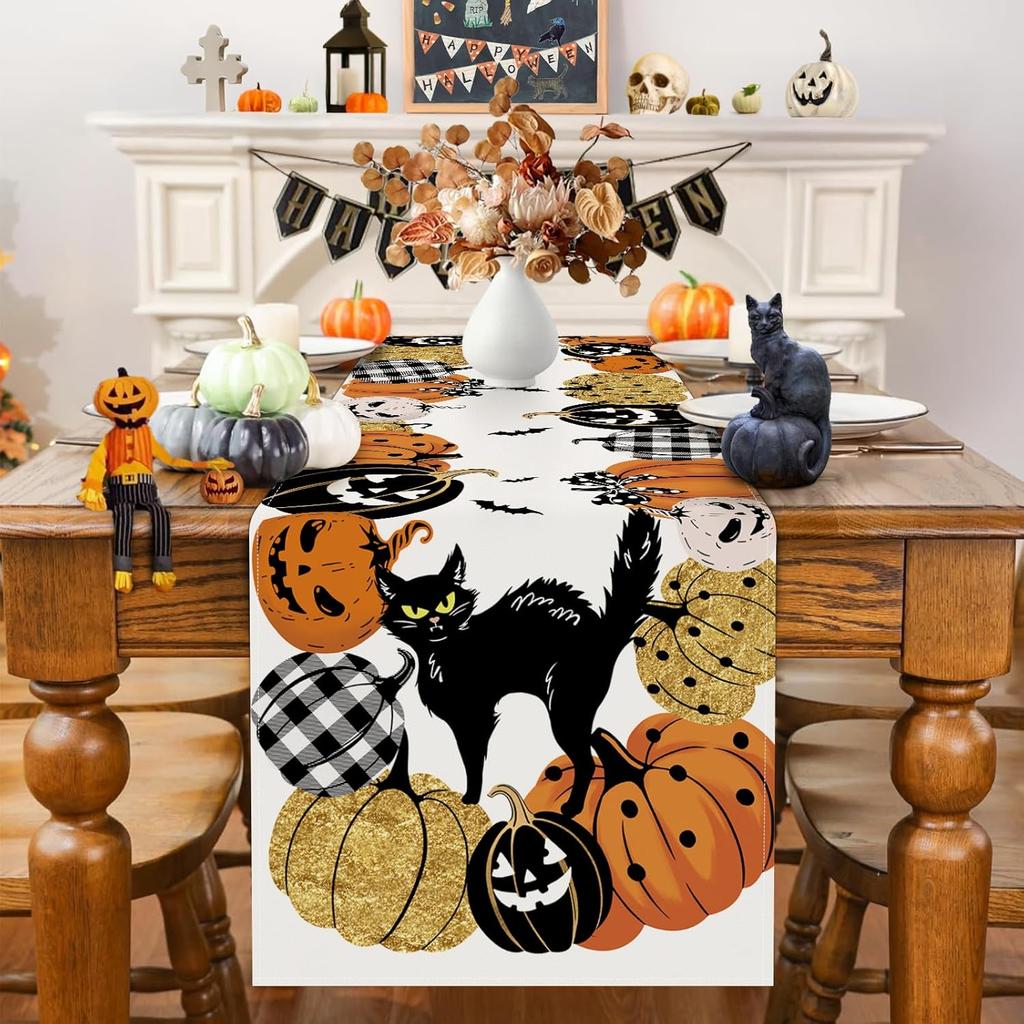 Bonhause Pumpkin Halloween Table Runner 13x60 Inch Jack-O-Lantern Black Cat Bat Spooky Kitchen Dinning Table Decoration for Fall Indoor Outdoor Home
